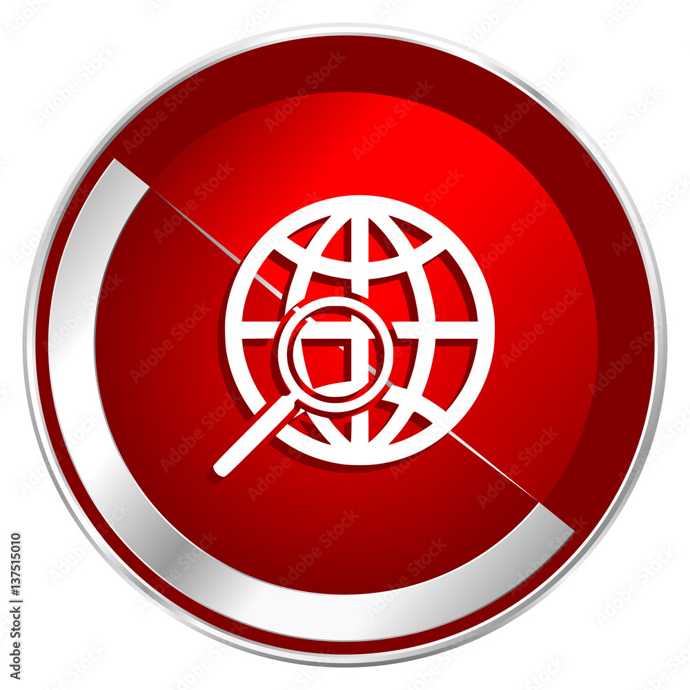 Poster Search red web icon. Metal shine silver chrome border round button isolated on white background. Circle modern design abstract sign for smartphone applications.