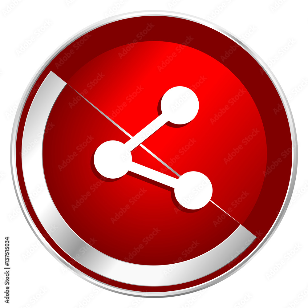 Poster Share red web icon. Metal shine silver chrome border round button isolated on white background. Circle modern design abstract sign for smartphone applications.