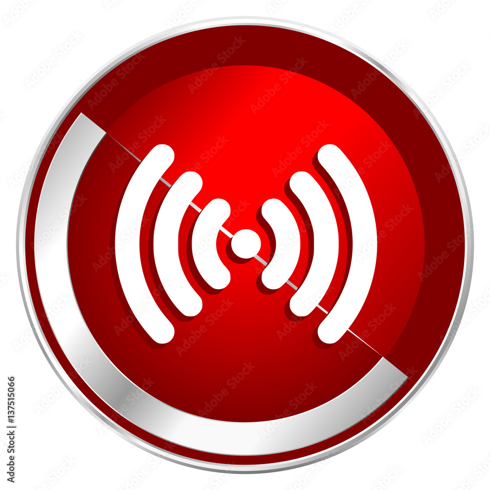 Poster Wifi red web icon. Metal shine silver chrome border round button isolated on white background. Circle modern design abstract sign for smartphone applications.
