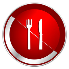 Eat red web icon. Metal shine silver chrome border round button isolated on white background. Circle modern design abstract sign for smartphone applications.