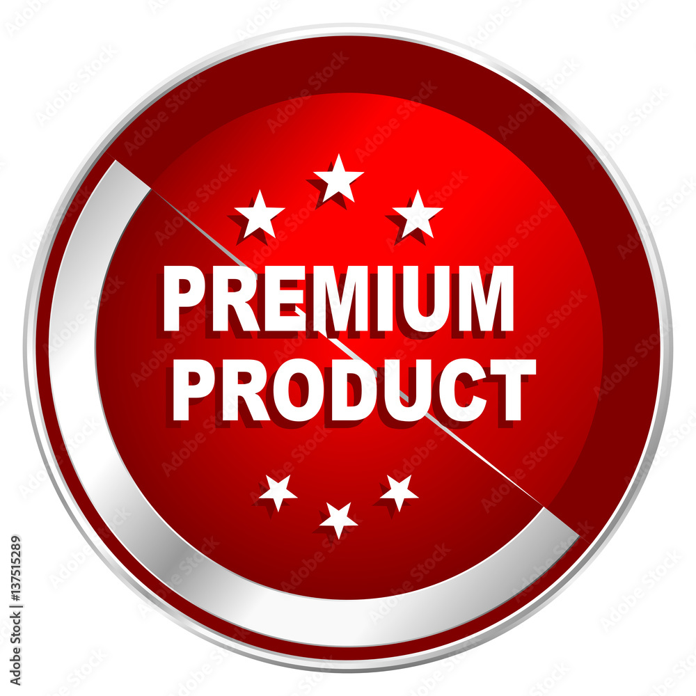 Aufkleber premium product red web icon. metal shine silver chrome border round button isolated on white backgr