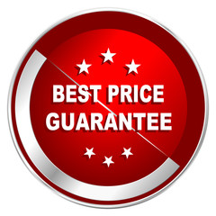 Best price guarantee red web icon. Metal shine silver chrome border round button isolated on white background. Circle modern design abstract sign for smartphone applications.