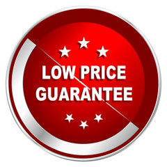 Low price guarantee red web icon. Metal shine silver chrome border round button isolated on white background. Circle modern design abstract sign for smartphone applications.