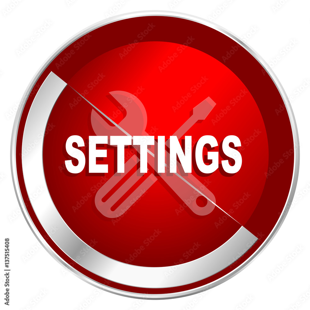 Poster settings red web icon. metal shine silver chrome border round button isolated on white background. c