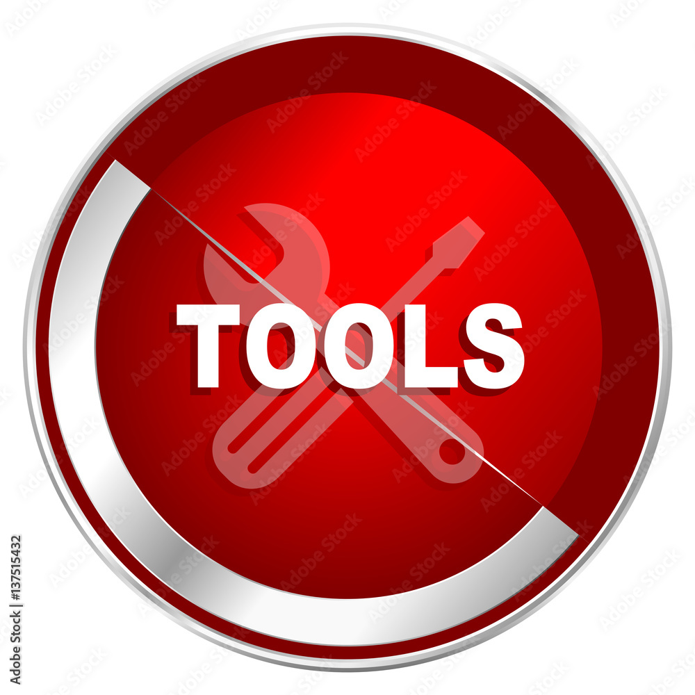Poster tools red web icon. metal shine silver chrome border round button isolated on white background. circ