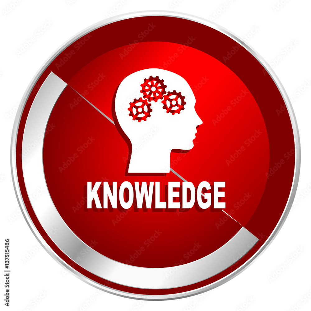 Poster knowledge red web icon. metal shine silver chrome border round button isolated on white background. 