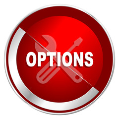 Options red web icon. Metal shine silver chrome border round button isolated on white background. Circle modern design abstract sign for smartphone applications.