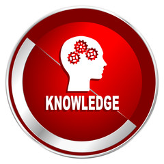 Knowledge red web icon. Metal shine silver chrome border round button isolated on white background. Circle modern design abstract sign for smartphone applications.