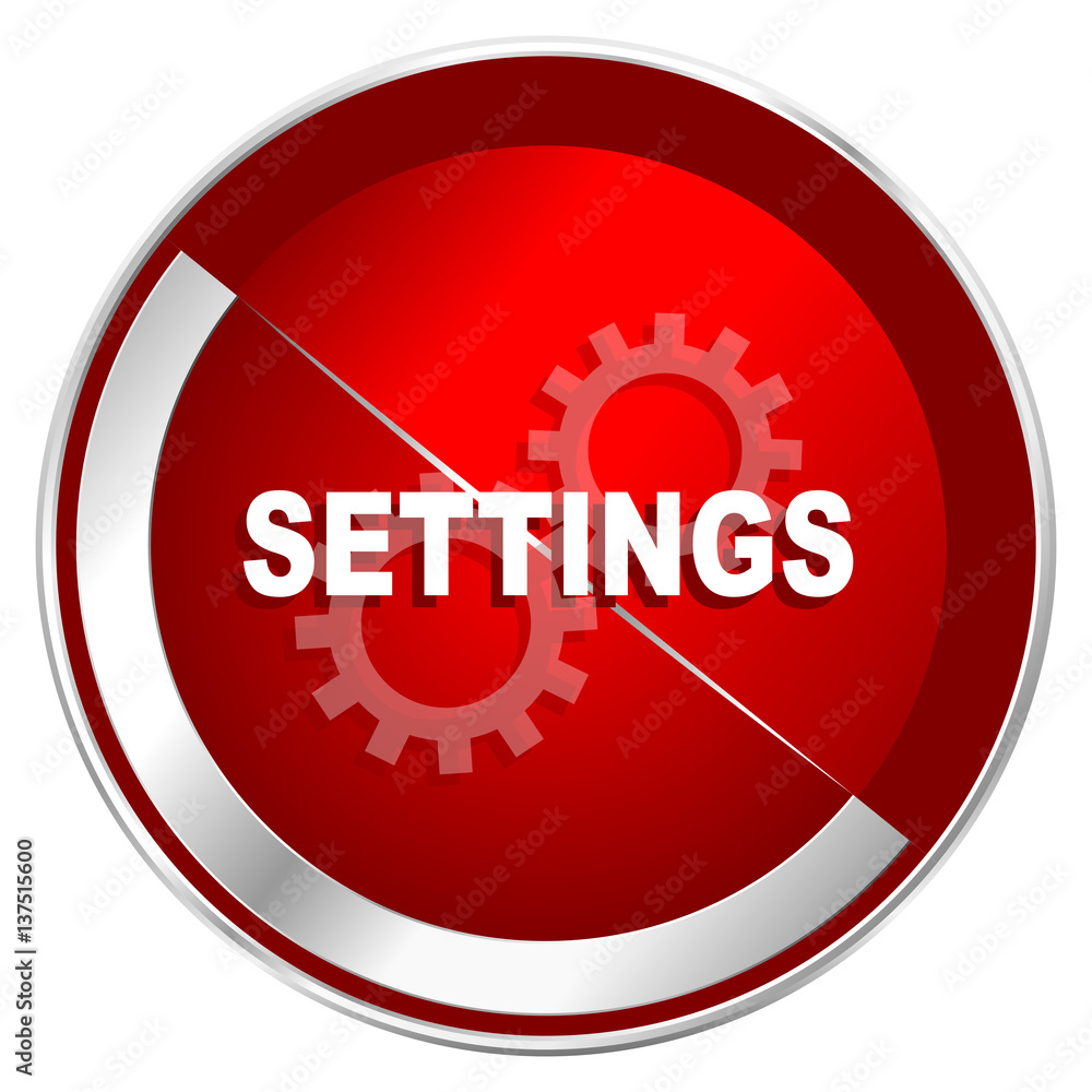 Poster settings red web icon. metal shine silver chrome border round button isolated on white background. c