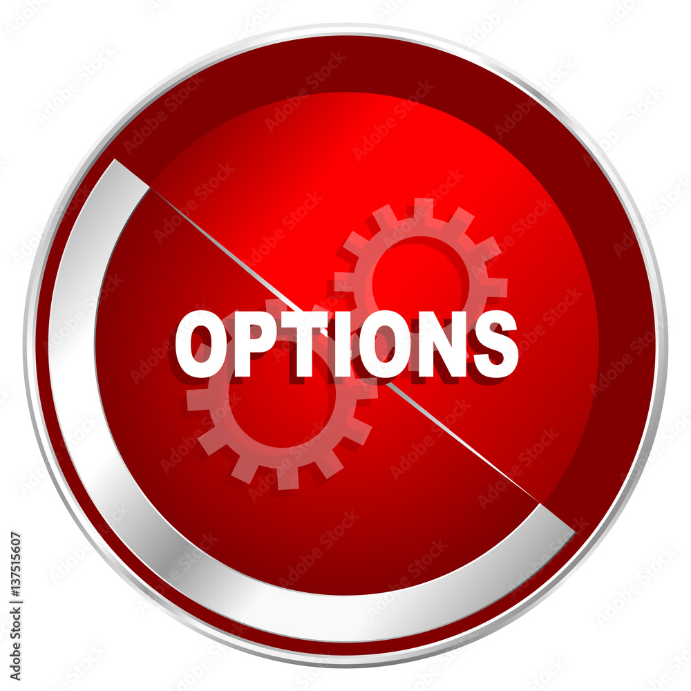 Poster options red web icon. metal shine silver chrome border round button isolated on white background. ci