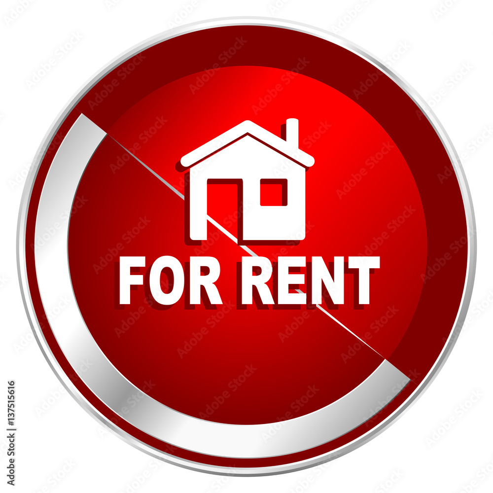 Poster for rent red web icon. metal shine silver chrome border round button isolated on white background. c