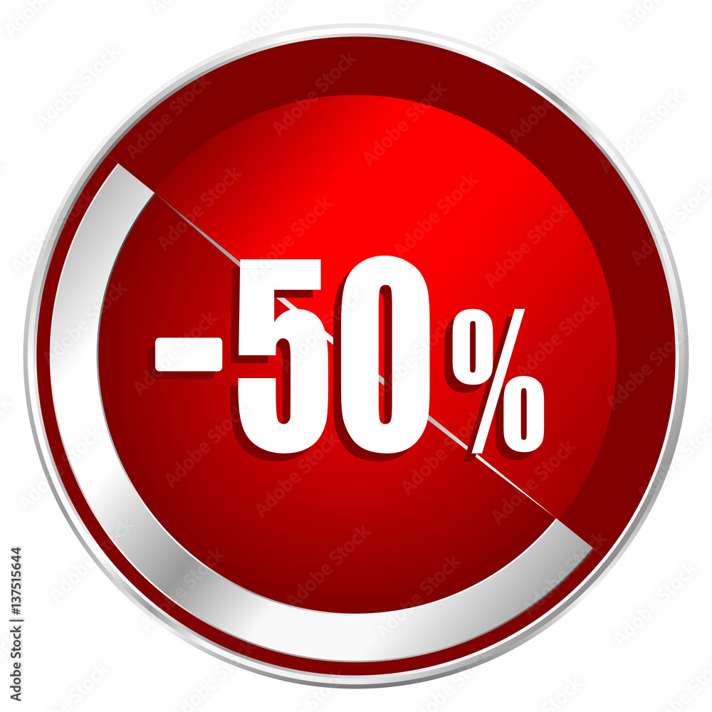 Poster 50 percent sale retail red web icon. metal shine silver chrome border round button isolated on white