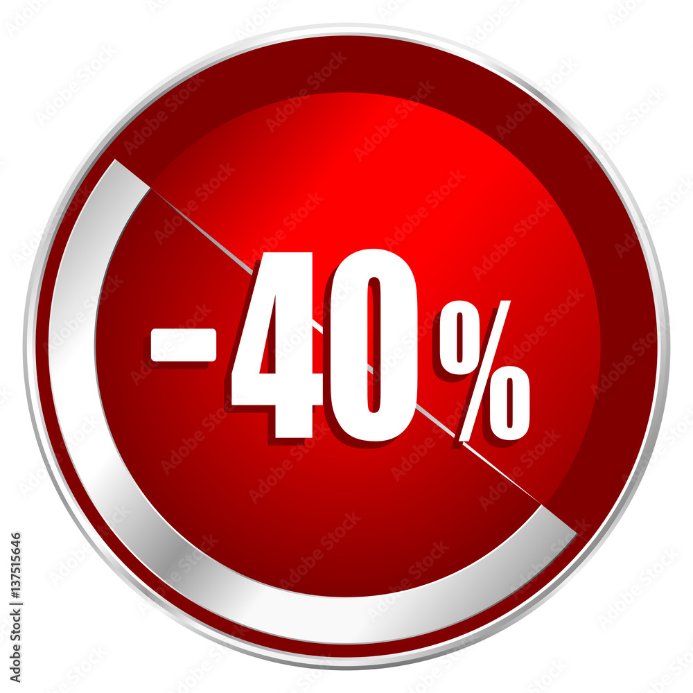 Poster 40 percent sale retail red web icon. metal shine silver chrome border round button isolated on white