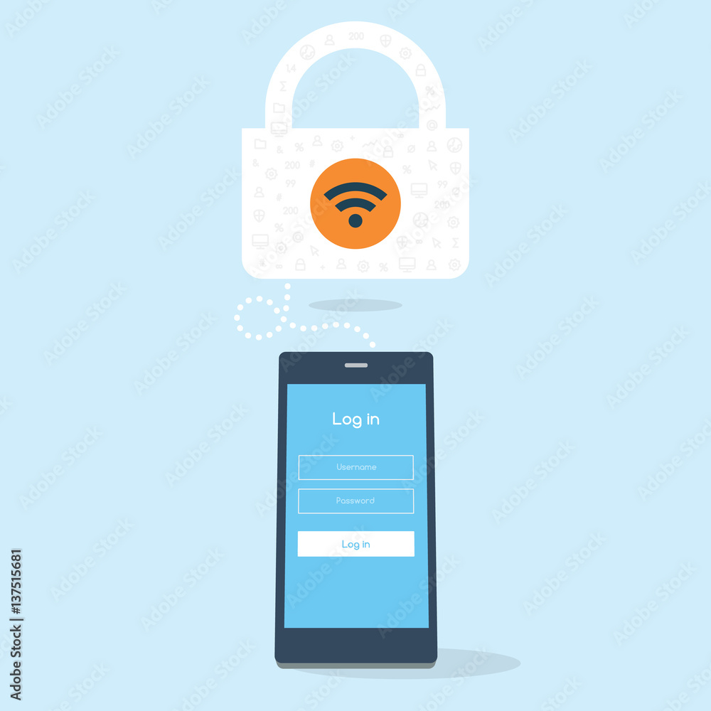 Poster 3d flat phone device tries log in to a secured wifi hotspot.