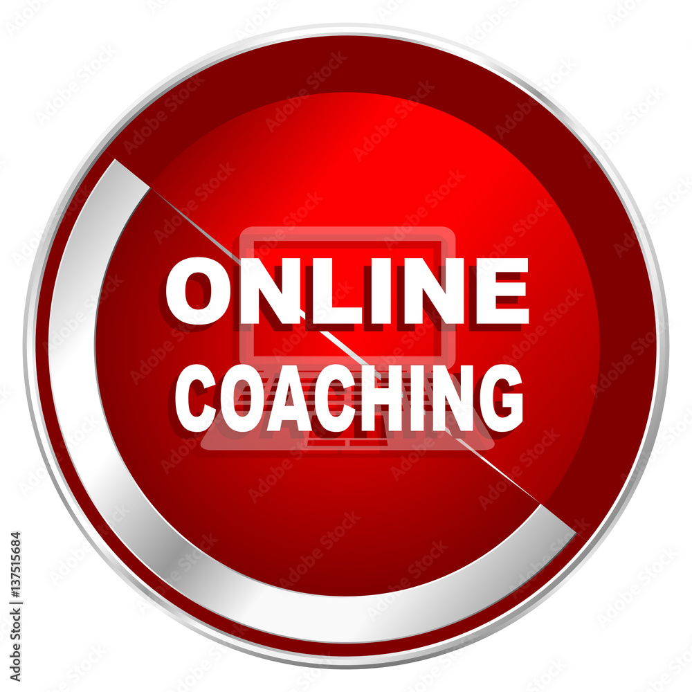 Aufkleber Online coaching red web icon. Metal shine silver chrome border round button isolated on white background. Circle modern design abstract sign for smartphone applications.