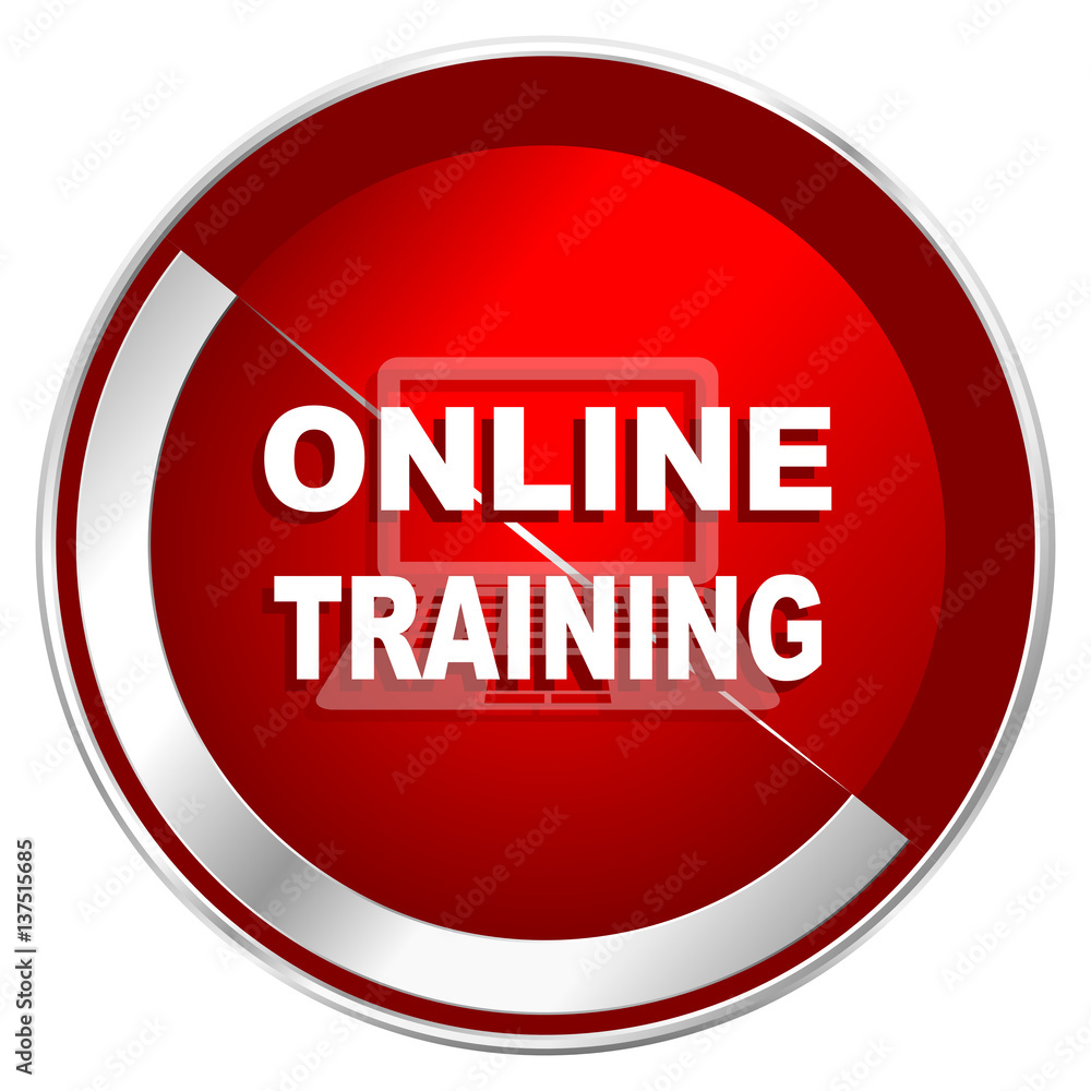 Aufkleber online training red web icon. metal shine silver chrome border round button isolated on white backgr