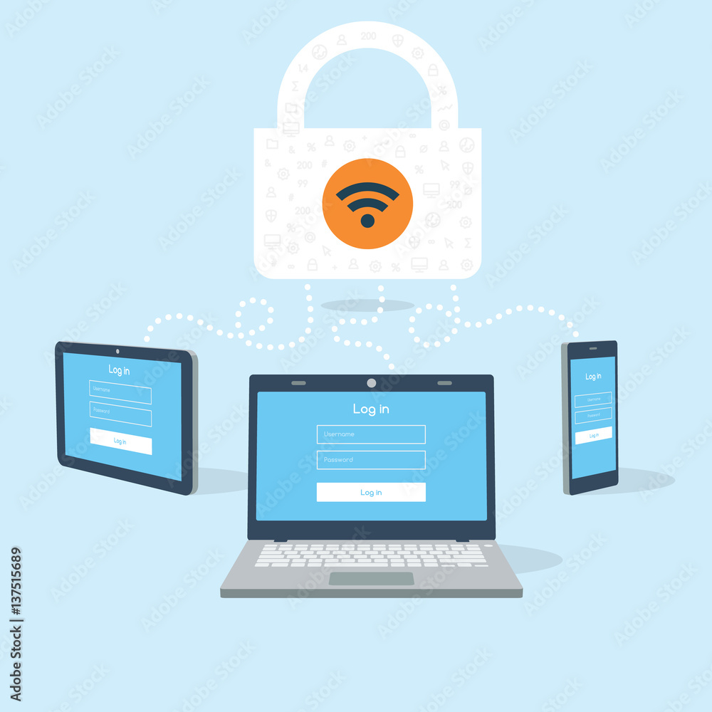 Poster 3d flat devices try log in to a secured wifi hotspot.