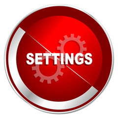 Settings red web icon. Metal shine silver chrome border round button isolated on white background. Circle modern design abstract sign for smartphone applications.