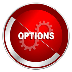 Options red web icon. Metal shine silver chrome border round button isolated on white background. Circle modern design abstract sign for smartphone applications.