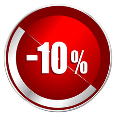 10 percent sale retail red web icon. Metal shine silver chrome border round button isolated on white background. Circle modern design abstract sign for smartphone applications.