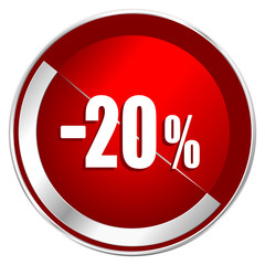 20 percent sale retail red web icon. Metal shine silver chrome border round button isolated on white background. Circle modern design abstract sign for smartphone applications.