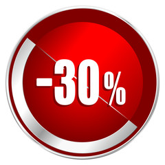 30 percent sale retail red web icon. Metal shine silver chrome border round button isolated on white background. Circle modern design abstract sign for smartphone applications.