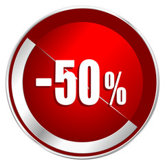 50 percent sale retail red web icon. Metal shine silver chrome border round button isolated on white background. Circle modern design abstract sign for smartphone applications.