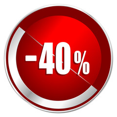 40 percent sale retail red web icon. Metal shine silver chrome border round button isolated on white background. Circle modern design abstract sign for smartphone applications.