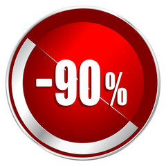 90 percent sale retail red web icon. Metal shine silver chrome border round button isolated on white background. Circle modern design abstract sign for smartphone applications.
