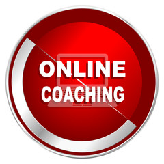 Online coaching red web icon. Metal shine silver chrome border round button isolated on white background. Circle modern design abstract sign for smartphone applications.