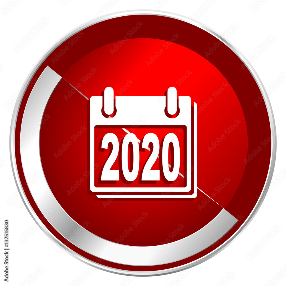 Poster New year 2020 red web icon. Metal shine silver chrome border round button isolated on white background. Circle modern design abstract sign for smartphone applications.