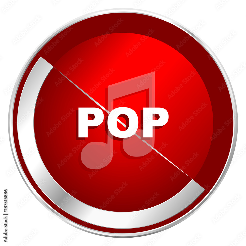 Poster Pop music red web icon. Metal shine silver chrome border round button isolated on white background. Circle modern design abstract sign for smartphone applications.