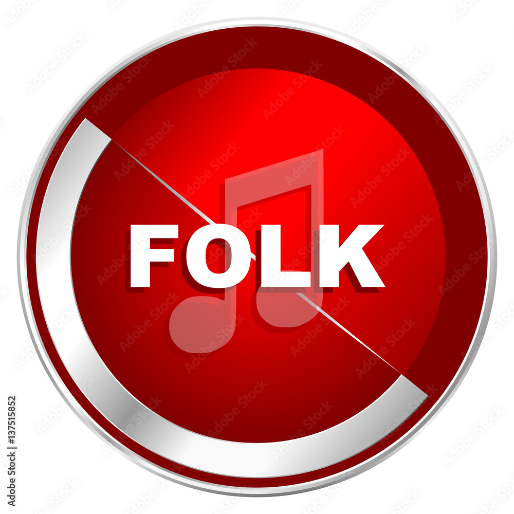 Poster folk music red web icon. metal shine silver chrome border round button isolated on white background.