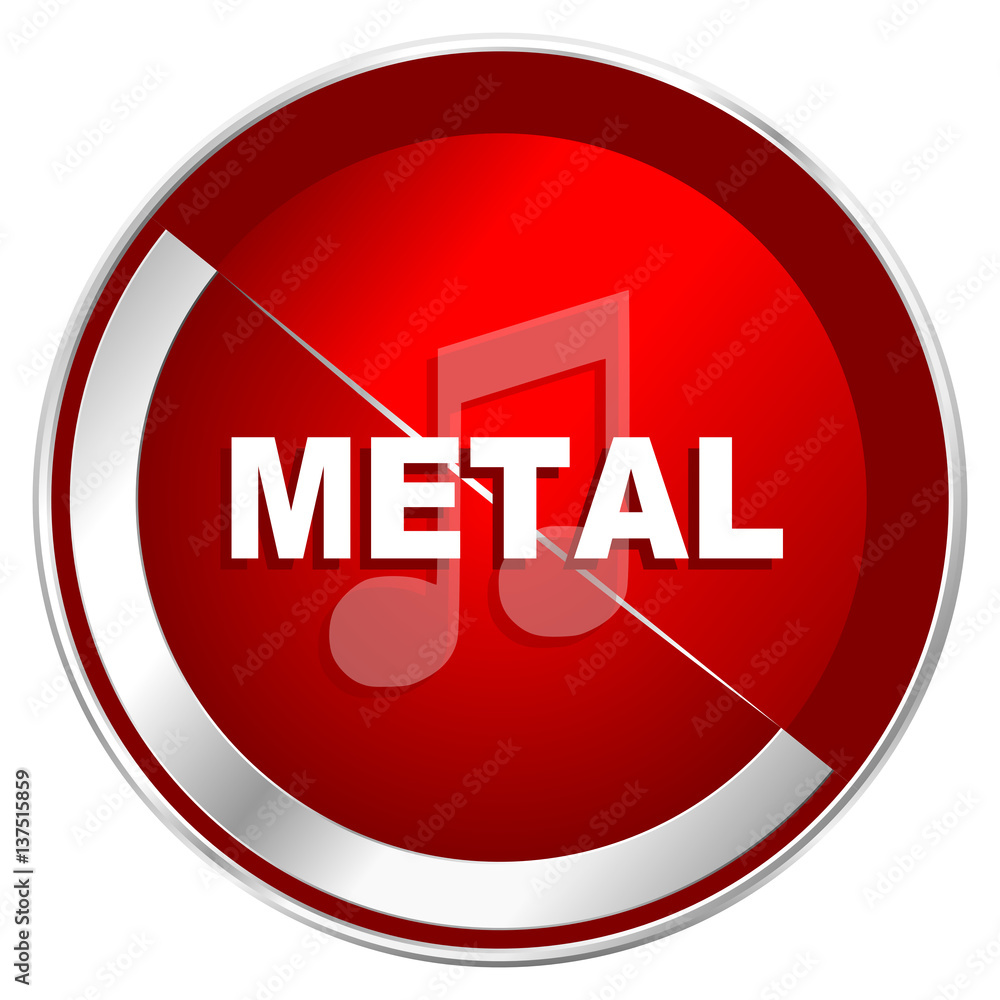 Poster metal music red web icon. metal shine silver chrome border round button isolated on white background