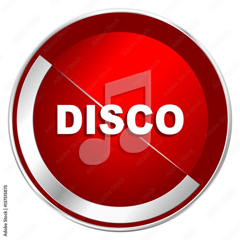 Poster disco music red web icon. metal shine silver chrome border round button isolated on white background