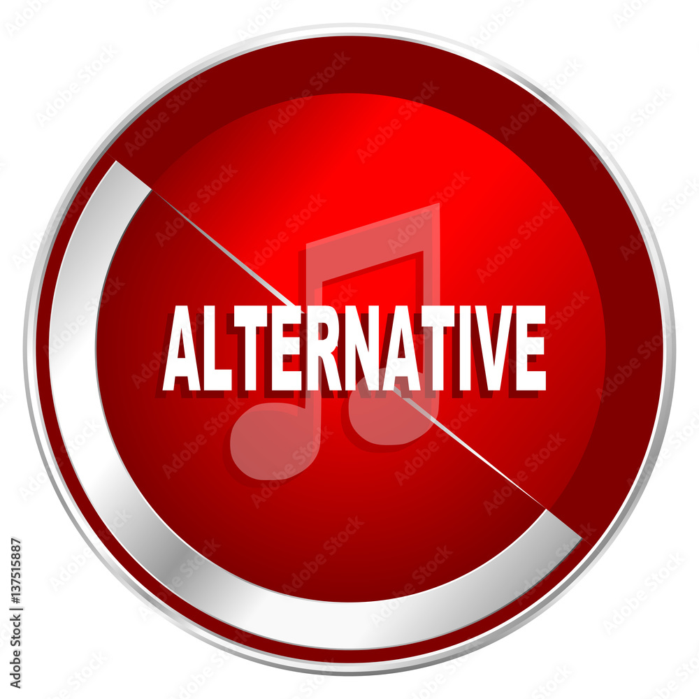 Poster alternative music red web icon. metal shine silver chrome border round button isolated on white back