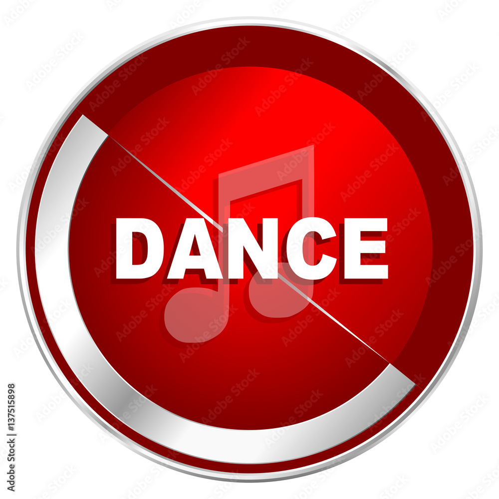 Poster dance music red web icon. metal shine silver chrome border round button isolated on white background