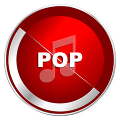 Pop music red web icon. Metal shine silver chrome border round button isolated on white background. Circle modern design abstract sign for smartphone applications.
