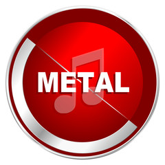 Metal music red web icon. Metal shine silver chrome border round button isolated on white background. Circle modern design abstract sign for smartphone applications.