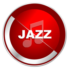 Jazz music red web icon. Metal shine silver chrome border round button isolated on white background. Circle modern design abstract sign for smartphone applications.