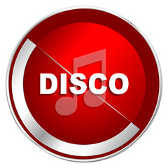 Disco music red web icon. Metal shine silver chrome border round button isolated on white background. Circle modern design abstract sign for smartphone applications.