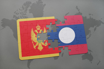 puzzle with the national flag of montenegro and laos on a world map