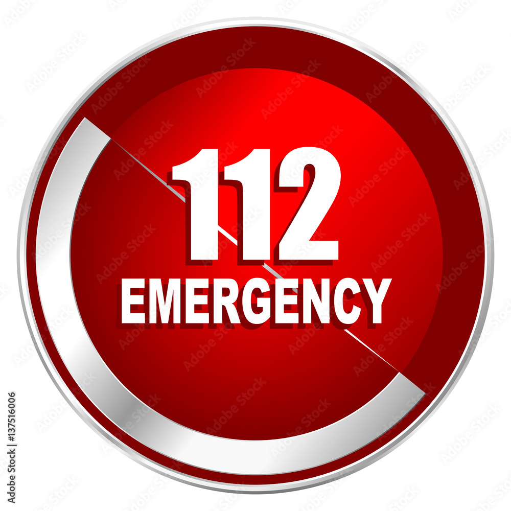 Aufkleber Number emergency 112 red web icon. Metal shine silver chrome border round button isolated on white background. Circle modern design abstract sign for smartphone applications.