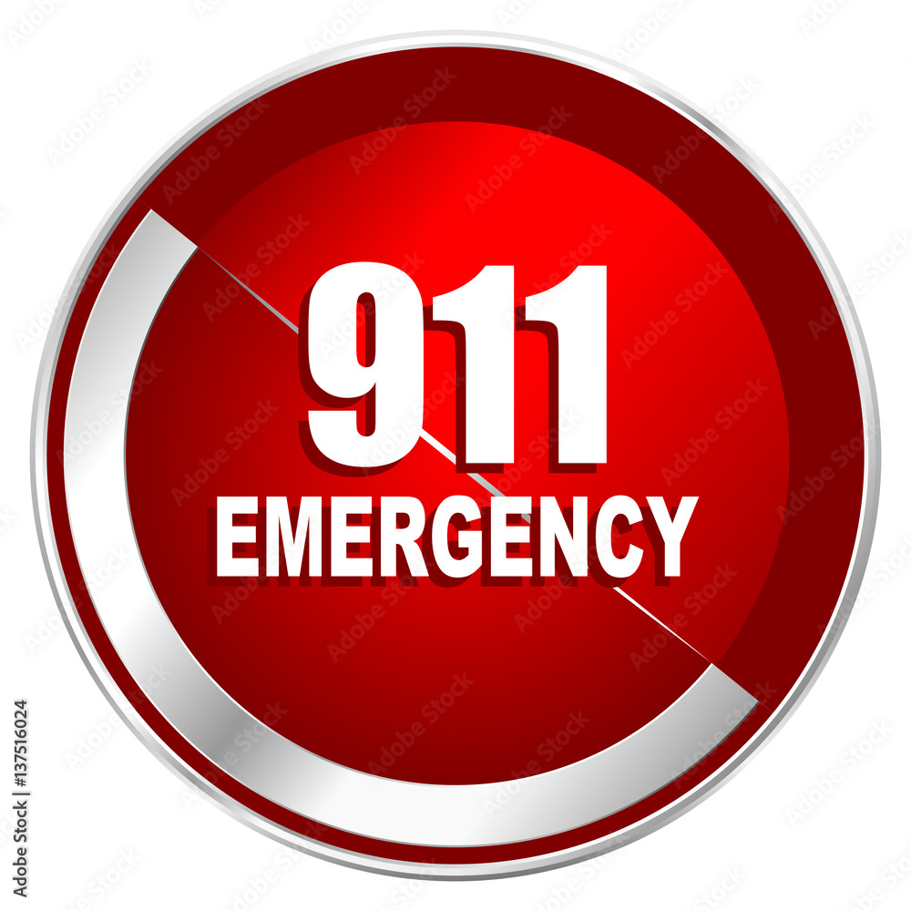 Aufkleber number emergency 911 red web icon. metal shine silver chrome border round button isolated on white b