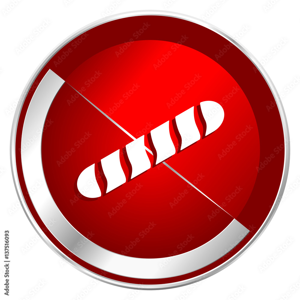 Aufkleber Baguette red web icon. Metal shine silver chrome border round button isolated on white background. Circle modern design abstract sign for smartphone applications.