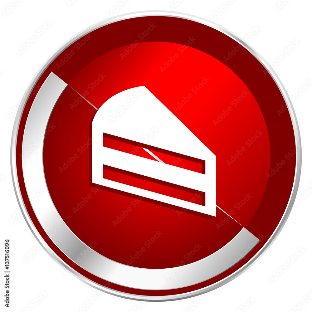 Aufkleber Cake red web icon. Metal shine silver chrome border round button isolated on white background. Circle modern design abstract sign for smartphone applications.