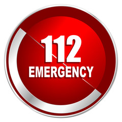 Number emergency 112 red web icon. Metal shine silver chrome border round button isolated on white background. Circle modern design abstract sign for smartphone applications.