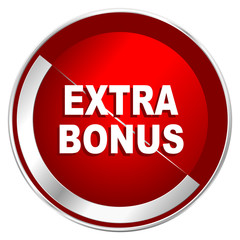Extra bonus red web icon. Metal shine silver chrome border round button isolated on white background. Circle modern design abstract sign for smartphone applications.