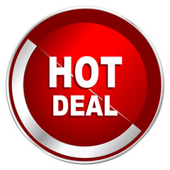 Hot deal red web icon. Metal shine silver chrome border round button isolated on white background. Circle modern design abstract sign for smartphone applications.
