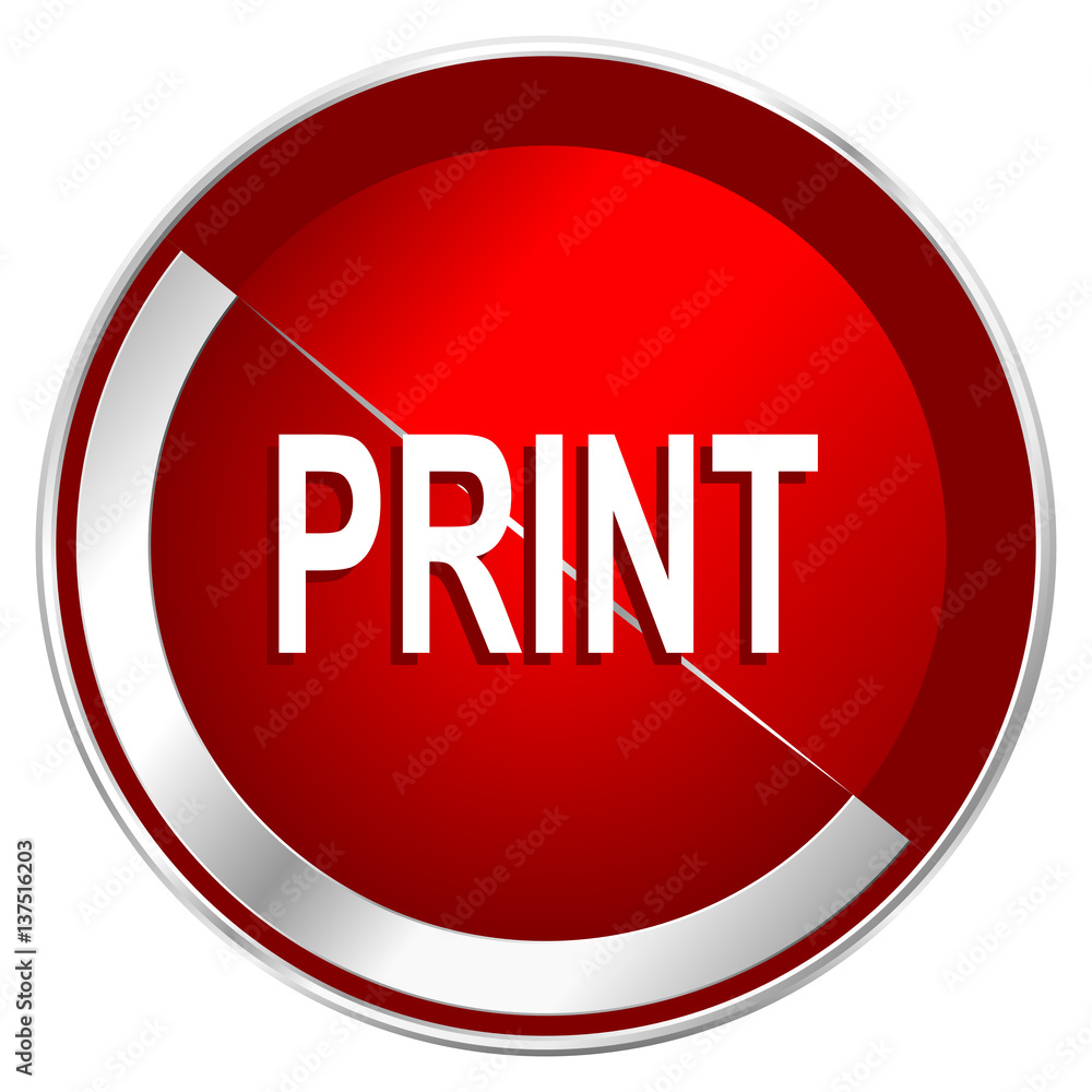 Aufkleber print red web icon. metal shine silver chrome border round button isolated on white background. circ
